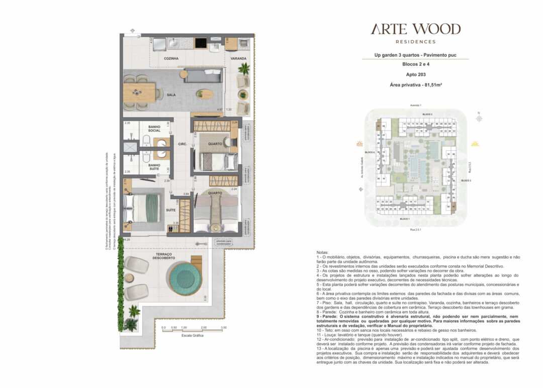 Planta humanizada do up garden de 3 quartos com 81,51 m² de área privativa no Arte Wood Residences, empreendimento da Calper no bairro planejado Cidade Arte, na Barra da Tijuca, Rio de Janeiro.