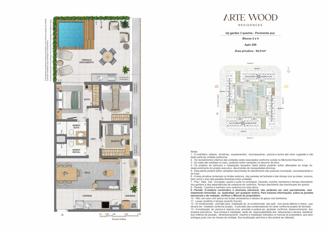 Planta humanizada do up garden de 3 quartos com 94,51 m² de área privativa no Arte Wood Residences, empreendimento da Calper no bairro planejado Cidade Arte, na Barra da Tijuca, Rio de Janeiro.