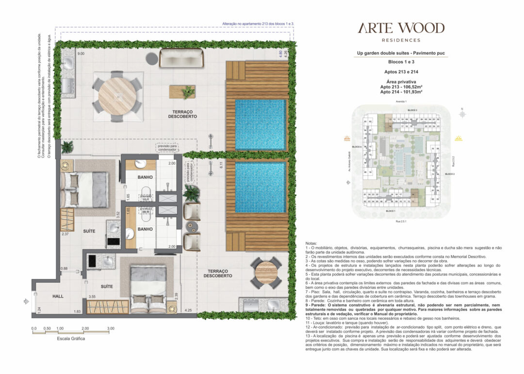 Planta humanizada dos up gardens double suítes com 101,93 m² e 106,52 m² de áreas privativas no Arte Wood Residences, empreendimento da Calper no bairro planejado Cidade Arte, na Barra da Tijuca, Rio de Janeiro.