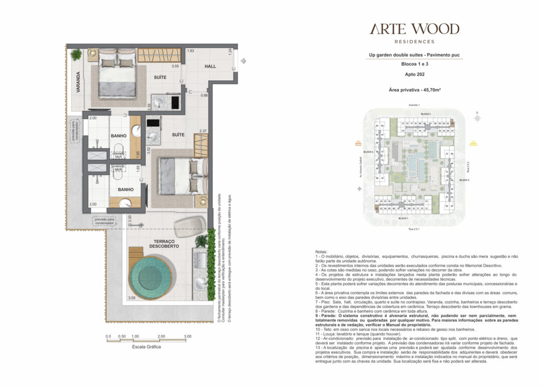 Planta humanizada do up garden double suítes com 45,70 m² de área privativa no Arte Wood Residences, empreendimento da Calper no bairro planejado Cidade Arte, na Barra da Tijuca, Rio de Janeiro.
