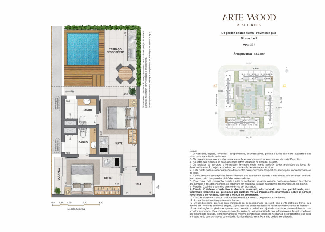 Planta humanizada do up garden double suítes com 55,33 m² de área privativa no Arte Wood Residences, empreendimento da Calper no bairro planejado Cidade Arte, na Barra da Tijuca, Rio de Janeiro.