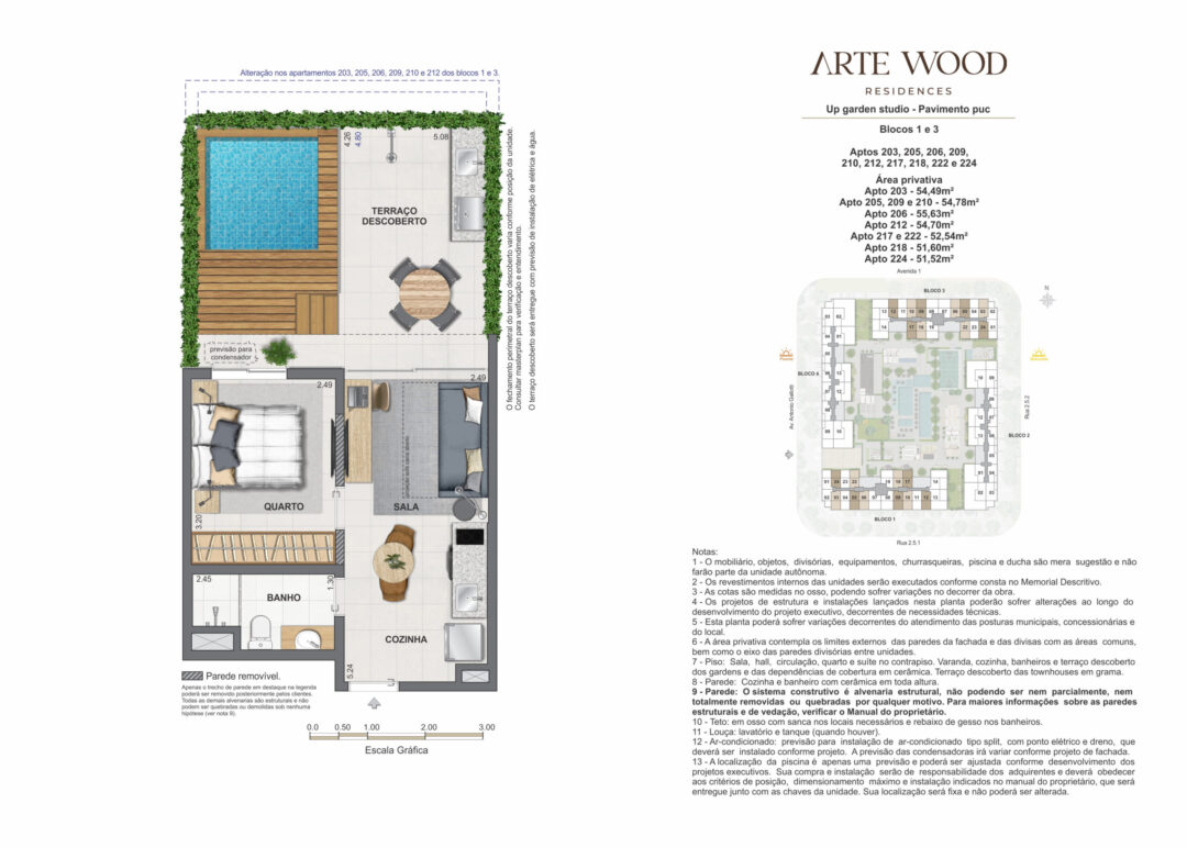 Planta humanizada dos up gardens studios com 51,52 m², 51,60 m², 52,54 m², 54,70 m², 54,49 m², 54,78 m² e 55,63 m² de áreas privativas no Arte Wood Residences, empreendimento da Calper no bairro planejado Cidade Arte, na Barra da Tijuca, Rio de Janeiro.