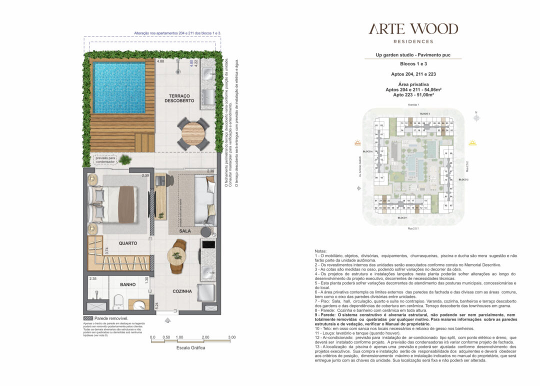 Planta humanizada dos up gardens studios com 51 m² e 54,06 m² de áreas privativas no Arte Wood Residences, empreendimento da Calper no bairro planejado Cidade Arte, na Barra da Tijuca, Rio de Janeiro.
