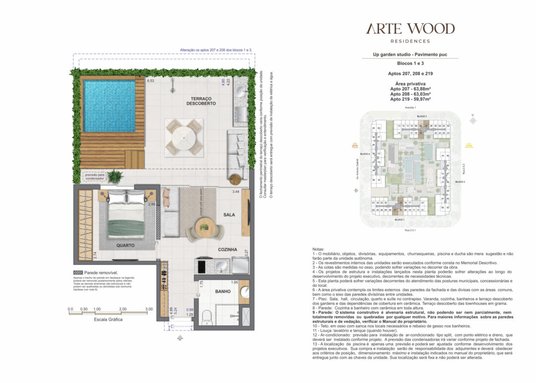 Planta humanizada dos up gardens studios com 59,97 m², 63,03 m² e 63,88 m² de áreas privativas no Arte Wood Residences, empreendimento da Calper no bairro planejado Cidade Arte, na Barra da Tijuca, Rio de Janeiro.