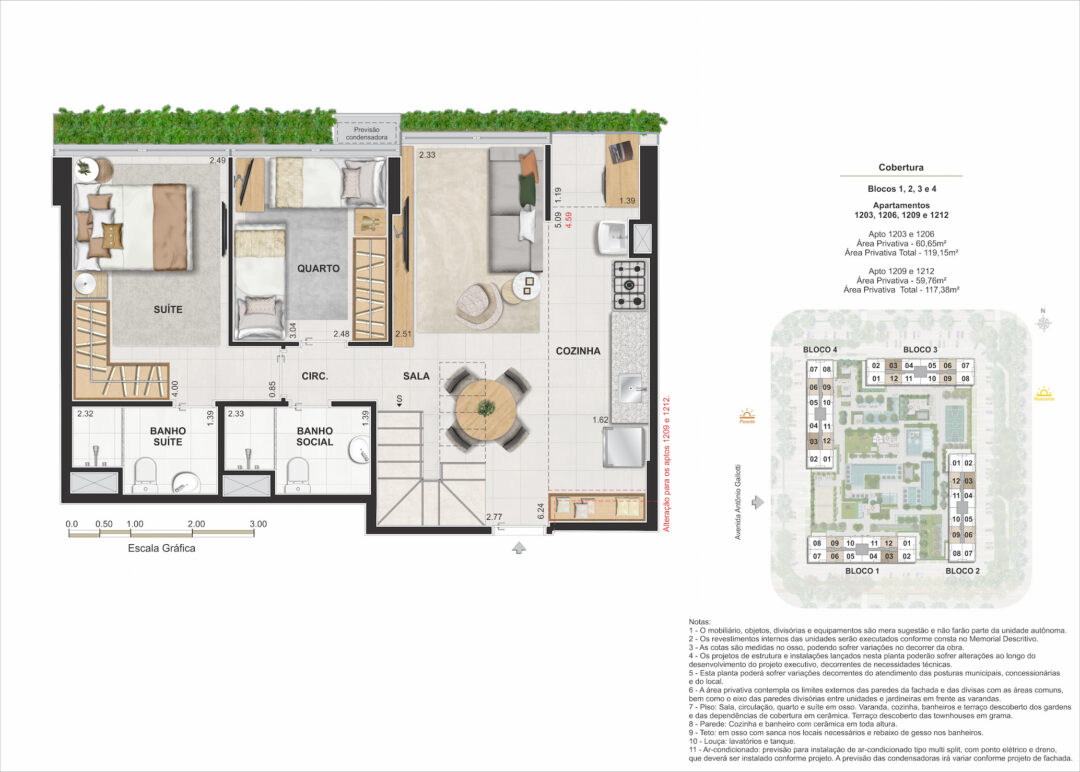 Planta humanizada do pavimento inferior da cobertura dúplex de 3 quartos com 117,38 m² e 119,15 m² de áreas privativas totais no Arte Jardim, empreendimento da Calper no bairro planejado Cidade Arte, na Barra da Tijuca, Rio de Janeiro.