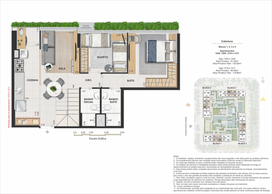 Planta humanizada do pavimento inferior da cobertura dúplex de 3 quartos com 118,86 m² e 120,50 m² de áreas privativas totais no Arte Jardim, empreendimento da Calper no bairro planejado Cidade Arte, na Barra da Tijuca, Rio de Janeiro.