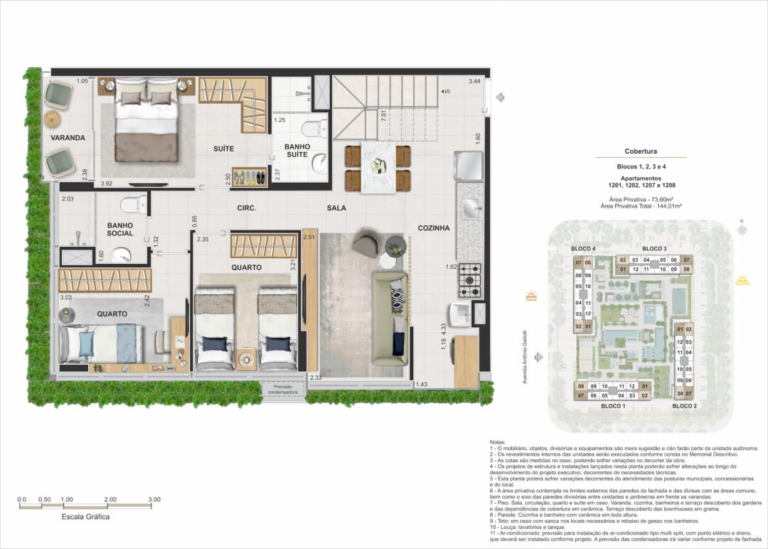 Planta humanizada do pavimento inferior da cobertura dúplex de 4 quartos com 144,01 m² de área privativa total no Arte Jardim, empreendimento da Calper no bairro planejado Cidade Arte, na Barra da Tijuca, Rio de Janeiro.