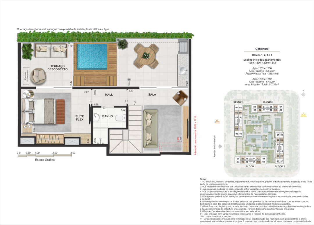 Planta humanizada do pavimento superior da cobertura dúplex de 3 quartos com 117,38 m² e 119,15 m² de áreas privativas totais no Arte Jardim, empreendimento da Calper no bairro planejado Cidade Arte, na Barra da Tijuca, Rio de Janeiro.