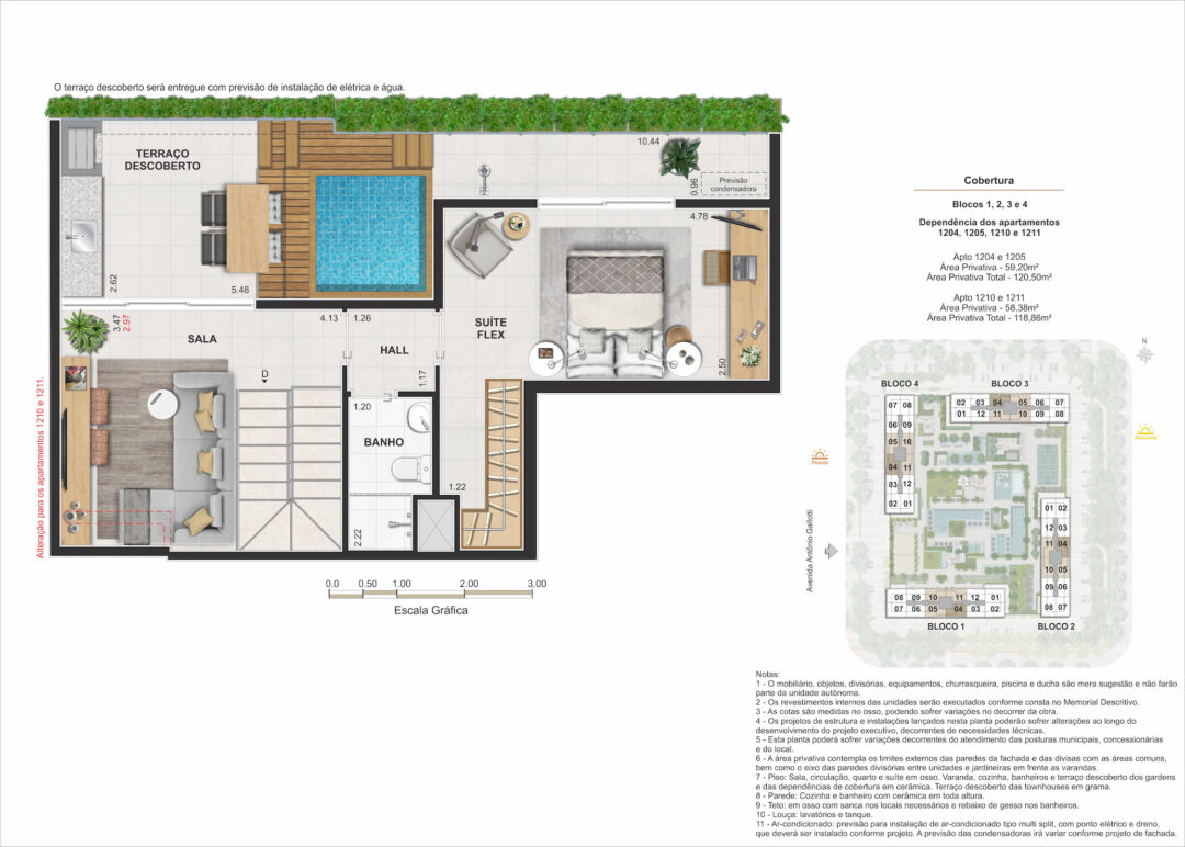 Planta humanizada do pavimento superior da cobertura dúplex de 3 quartos com 118,86 m² e 120,50 m² de áreas privativas totais no Arte Jardim, empreendimento da Calper no bairro planejado Cidade Arte, na Barra da Tijuca, Rio de Janeiro.