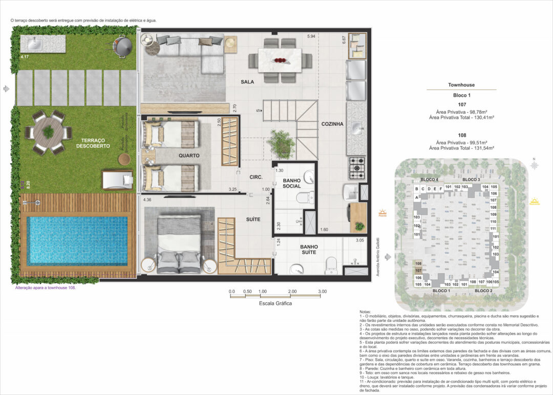 Planta humanizada do piso inferior das townhouses de 4 quartos com 130,41 m² e 131,54 m² de áreas privativas totais no Arte Jardim, empreendimento da Calper no bairro planejado Cidade Arte, na Barra da Tijuca, Rio de Janeiro.