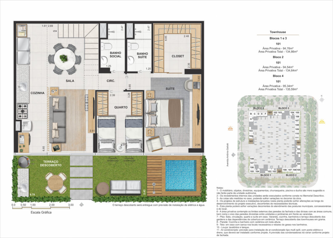 Planta humanizada do piso inferior das townhouses de 4 quartos com 134,64 m², 134,86 m² e 135,59 m² de áreas privativas totais no Arte Jardim, empreendimento da Calper no bairro planejado Cidade Arte, na Barra da Tijuca, Rio de Janeiro.