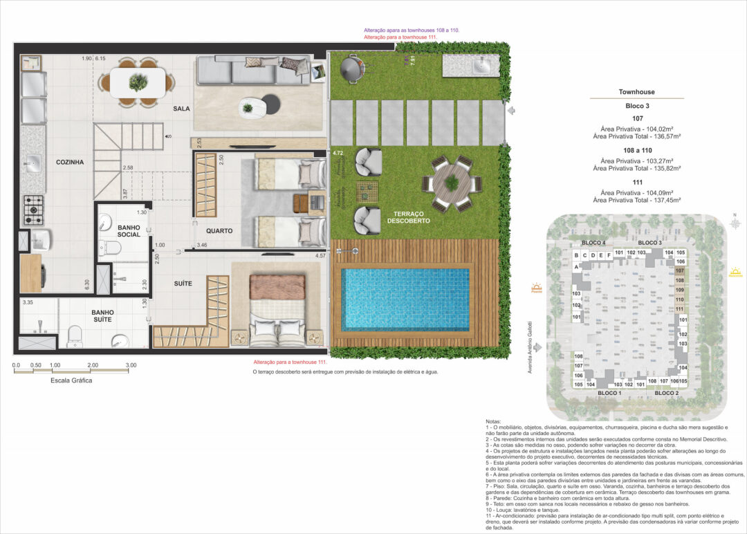 Planta humanizada do piso inferior das townhouses de 4 quartos com 135,82 m², 136,57 m² e 137,45 m²de áreas privativas totais no Arte Jardim, empreendimento da Calper no bairro planejado Cidade Arte, na Barra da Tijuca, Rio de Janeiro.