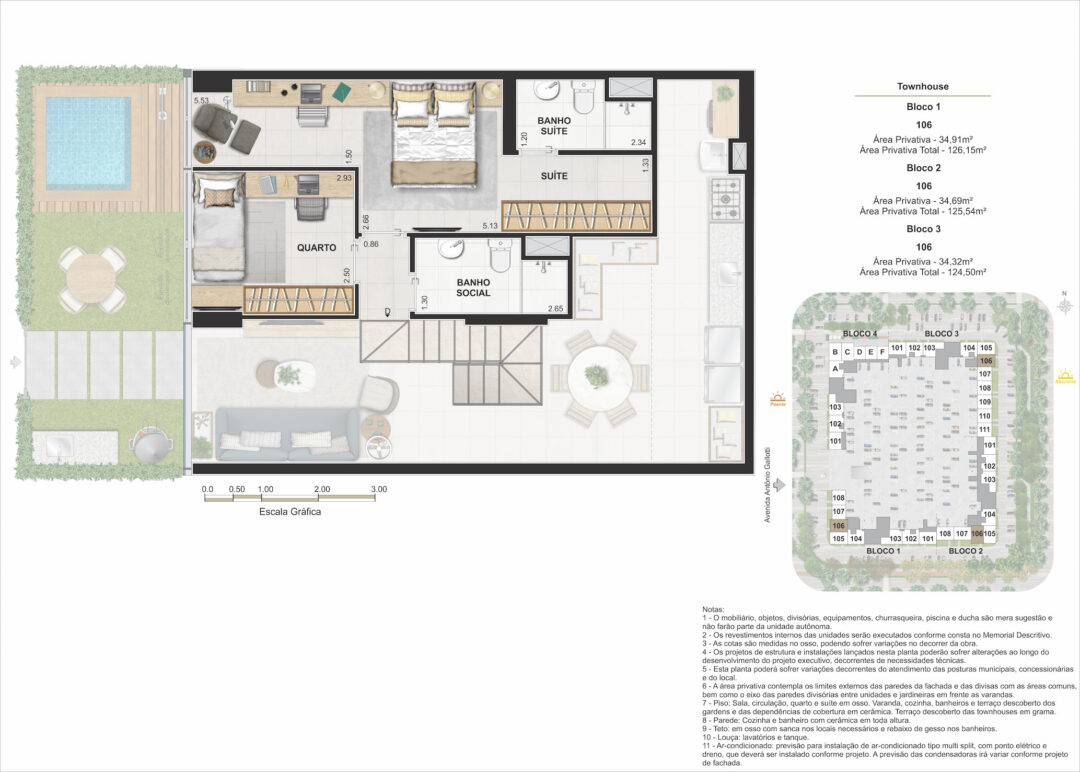 Planta humanizada do piso superior das townhouses de 4 quartos com 124,50 m², 125,54 m² e 126,15 m² de áreas privativas totais no Arte Jardim, empreendimento da Calper no bairro planejado Cidade Arte, na Barra da Tijuca, Rio de Janeiro.