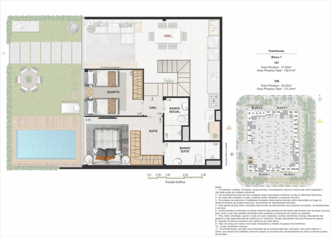 Planta humanizada do piso superior das townhouses de 4 quartos com 130,41 m² e 131,54 m² de áreas privativas totais no Arte Jardim, empreendimento da Calper no bairro planejado Cidade Arte, na Barra da Tijuca, Rio de Janeiro.