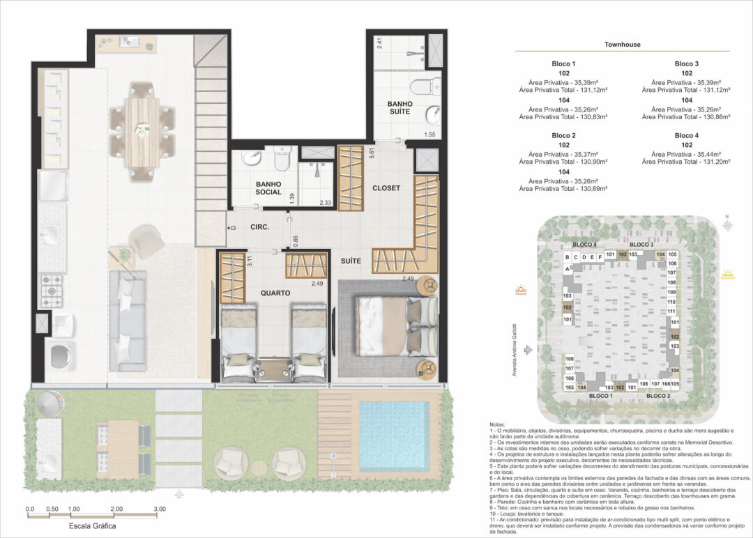 Planta humanizada do piso superior das townhouses de 4 quartos com 130,69 m², 130,83 m², 130,90 m² e 131,12 m² de áreas privativas totais no Arte Jardim, empreendimento da Calper no bairro planejado Cidade Arte, na Barra da Tijuca, Rio de Janeiro.
