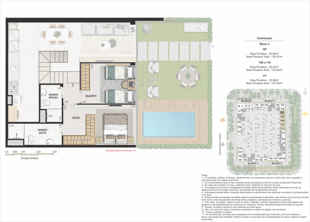 Planta humanizada do piso superior das townhouses de 4 quartos com 135,82 m², 136,57 m² e 137,45 m²de áreas privativas totais no Arte Jardim, empreendimento da Calper no bairro planejado Cidade Arte, na Barra da Tijuca, Rio de Janeiro.