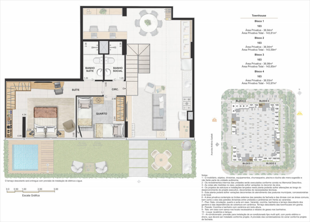 Planta humanizada do piso superior das townhouses de 4 quartos com 143,59 m², 143,81 m², 143,85 m² e 143,97 m² de áreas privativas totais no Arte Jardim, empreendimento da Calper no bairro planejado Cidade Arte, na Barra da Tijuca, Rio de Janeiro.