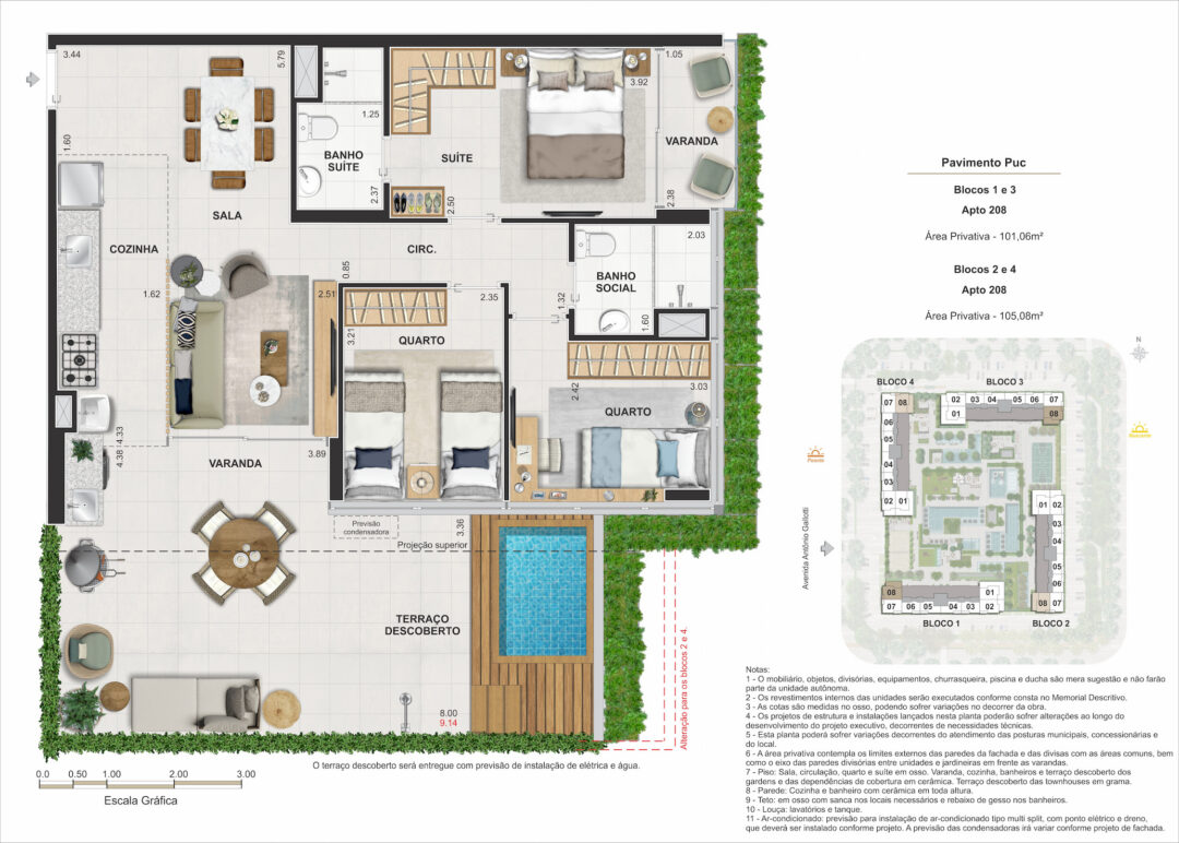 Planta humanizada dos up gardens de 3 quartos com 101,06 m² e 105,08 m² de áreas privativas no Arte Jardim, empreendimento da Calper no bairro planejado Cidade Arte, na Barra da Tijuca, Rio de Janeiro.