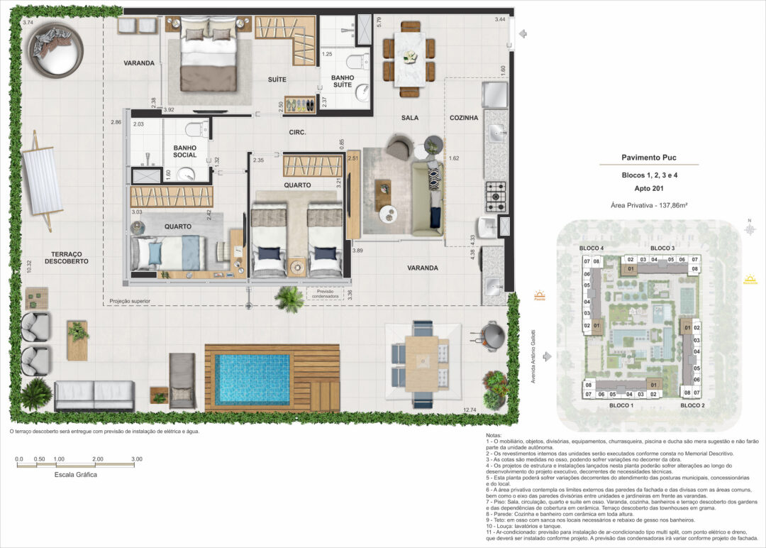 Planta humanizada do up garden de 3 quartos com 137,86 m² de área privativa no Arte Jardim, empreendimento da Calper no bairro planejado Cidade Arte, na Barra da Tijuca, Rio de Janeiro.