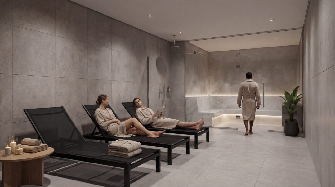 Sauna do Feel Pontal Oceânico, empreendimento da Calper no Recreio dos Bandeirantes, Rio de Janeiro.