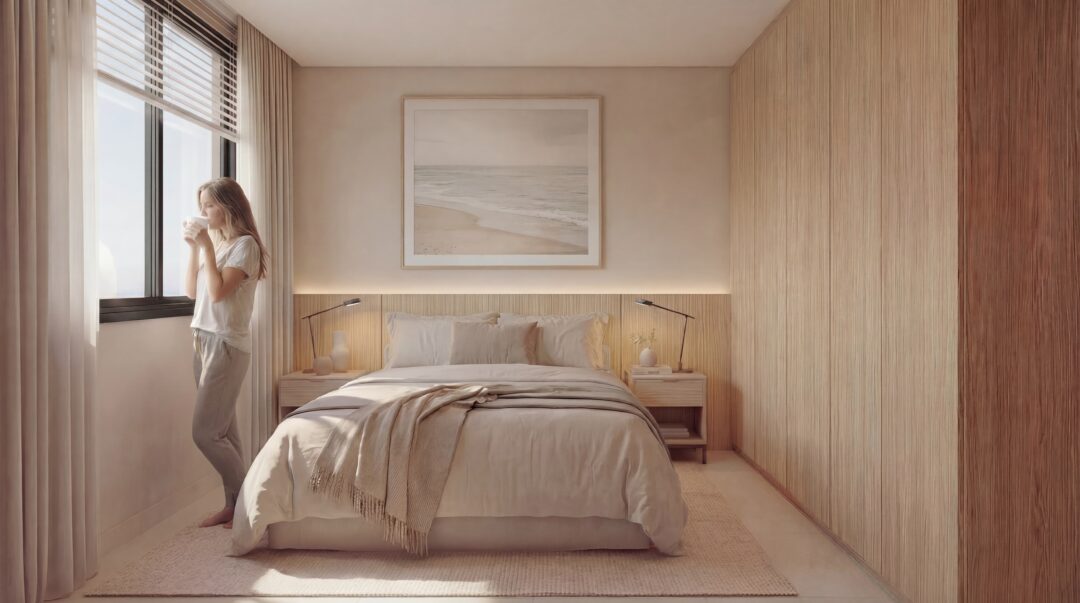 Quarto do Studio Design do Feel Pontal Oceânico, empreendimento da Calper no Recreio dos Bandeirantes, Rio de Janeiro.