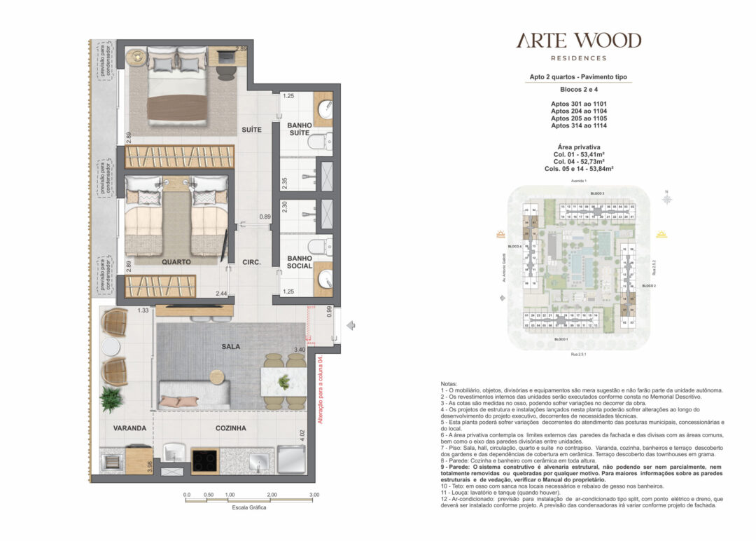Planta humanizada dos apartamentos de 2 quartos com 52,73 m², 53,41 m² e 53,84 m² de áreas privativas no Arte Wood Residences, empreendimento da Calper no bairro planejado Cidade Arte, na Barra da Tijuca, Rio de Janeiro.