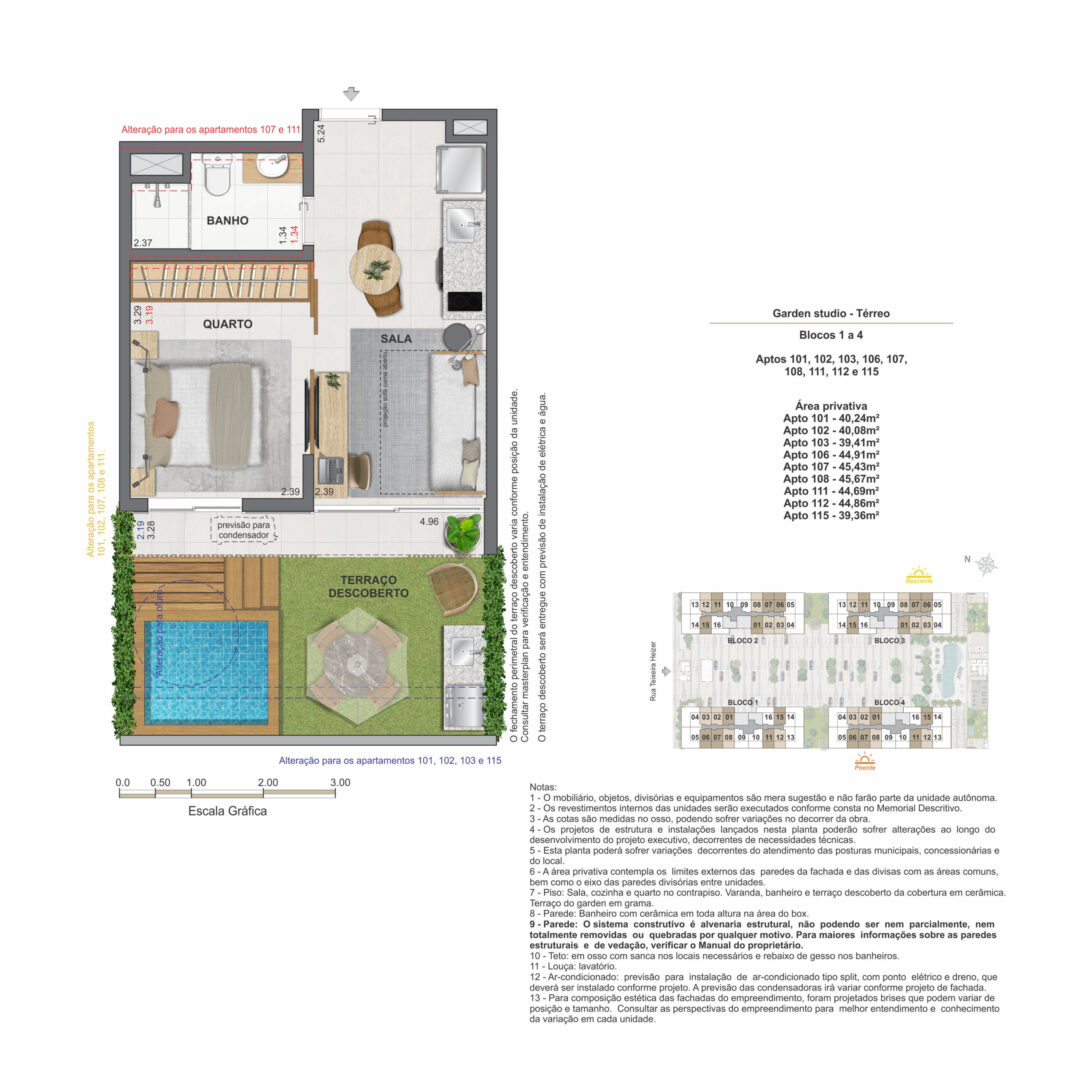 Planta humanizada dos garden studios com 39,36 m², 39,41 m², 40,08 m², 40,24 m², 44,69 m², 44,86 m², 44,91 m², 45,43 m² e 45,67 m² de área privativa no Feel Nature Pontal Oceânico, empreendimento no Recreio dos Bandeirantes, Rio de Janeiro.