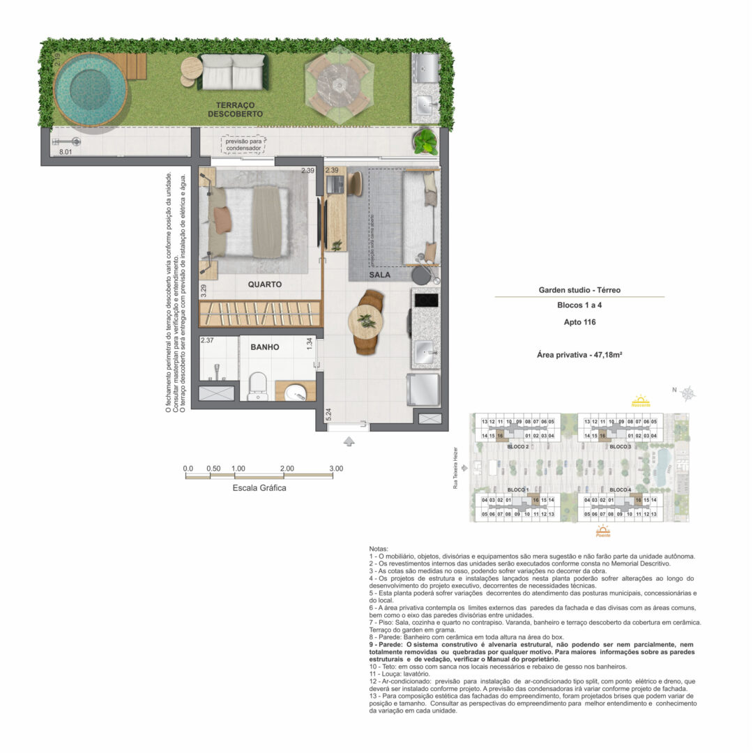 Planta humanizada dos garden studios com 47,18 m² de área privativa no Feel Nature Pontal Oceânico, empreendimento no Recreio dos Bandeirantes, Rio de Janeiro.