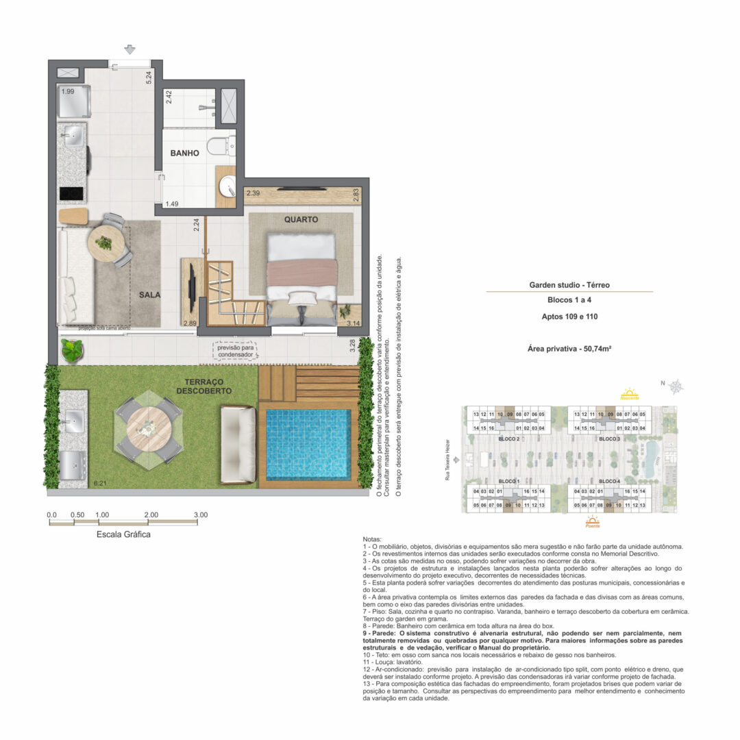 Planta humanizada dos garden studios com 50,74 m² de área privativa no Feel Nature Pontal Oceânico, empreendimento no Recreio dos Bandeirantes, Rio de Janeiro.