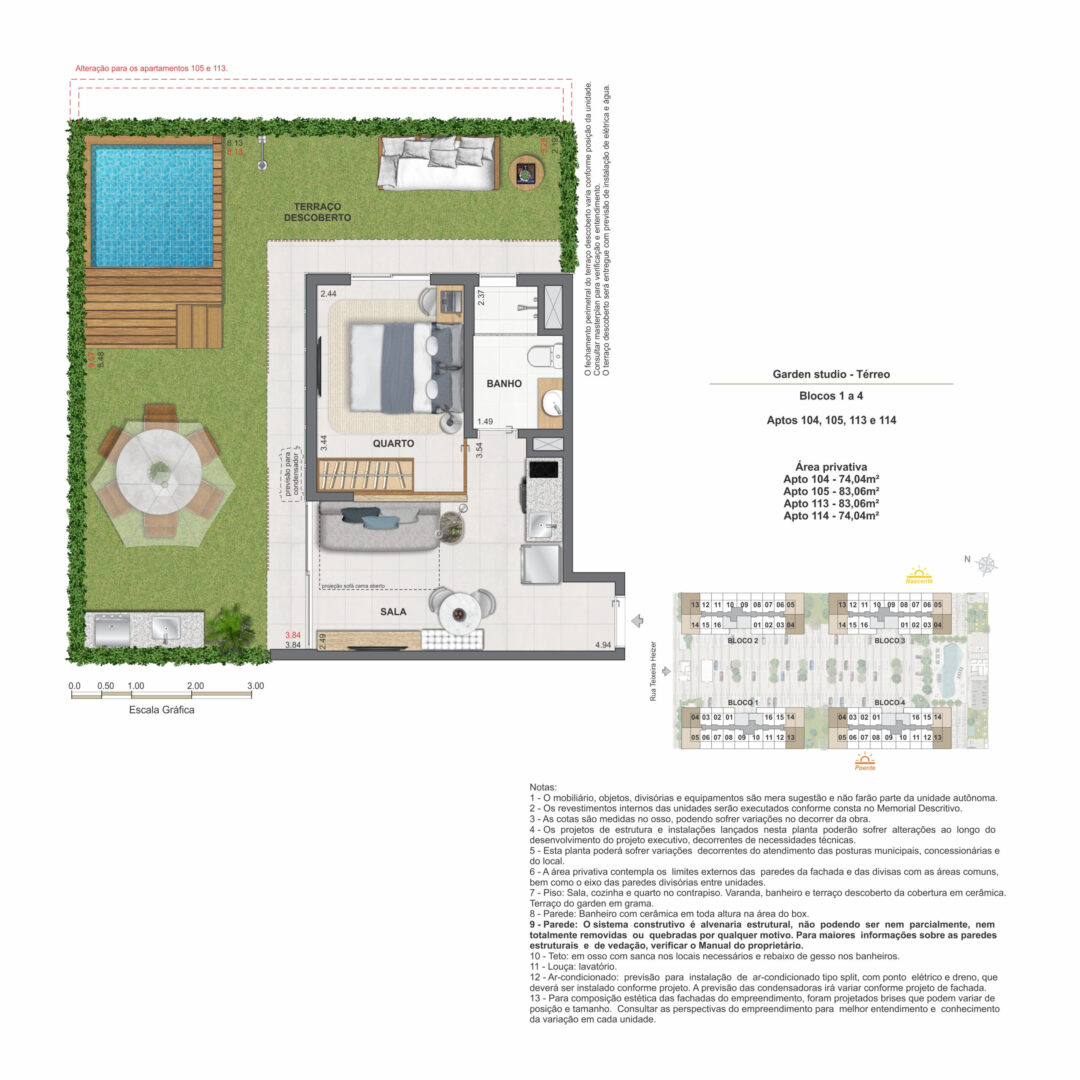 Planta humanizada dos garden studios com 74,04 m² e 83,06 m² de área privativa no Feel Nature Pontal Oceânico, empreendimento no Recreio dos Bandeirantes, Rio de Janeiro.