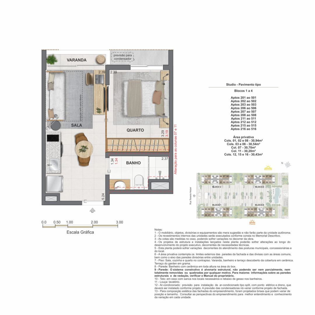 Planta humanizada dos studios com 30,20 m², 30,43 m², 30,54 m², 30,70 m² e 30,94 m² de área privativa no Feel Nature Pontal Oceânico, empreendimento no Recreio dos Bandeirantes, Rio de Janeiro.