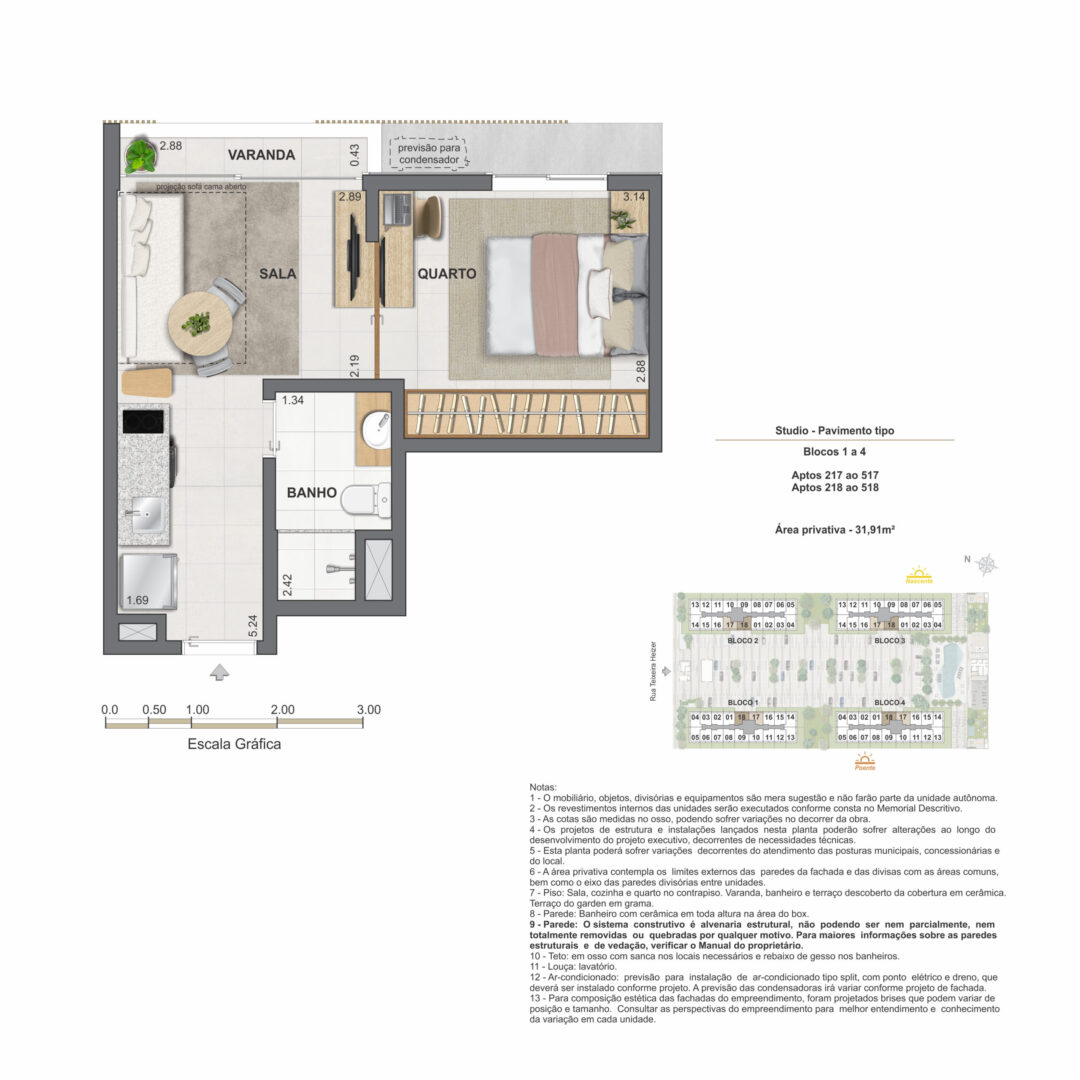 Planta humanizada do studio com 31,91 m² de área privativa no Feel Nature Pontal Oceânico, empreendimento no Recreio dos Bandeirantes, Rio de Janeiro.