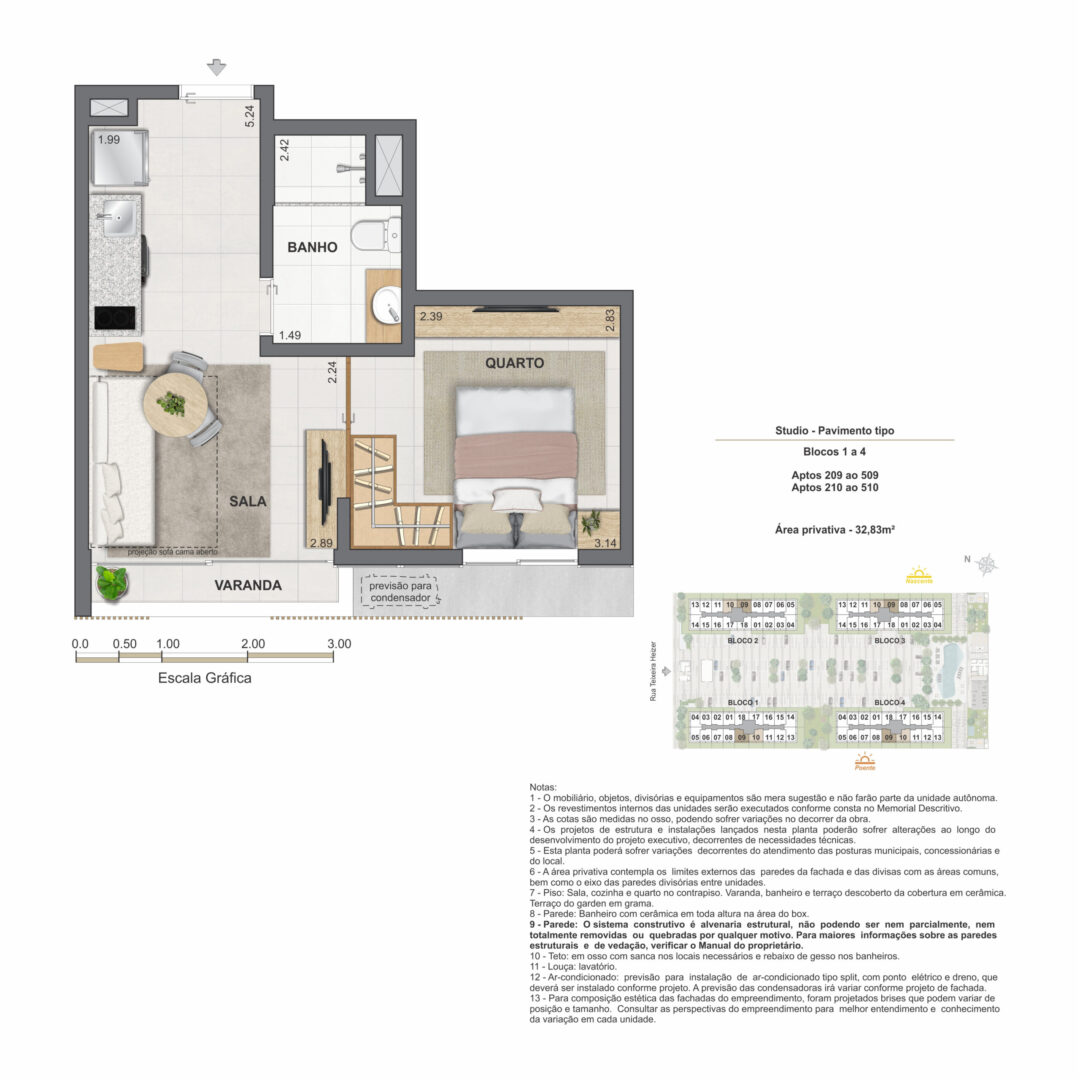 Planta humanizada do studio com 32,83 m² de área privativa no Feel Nature Pontal Oceânico, empreendimento no Recreio dos Bandeirantes, Rio de Janeiro.