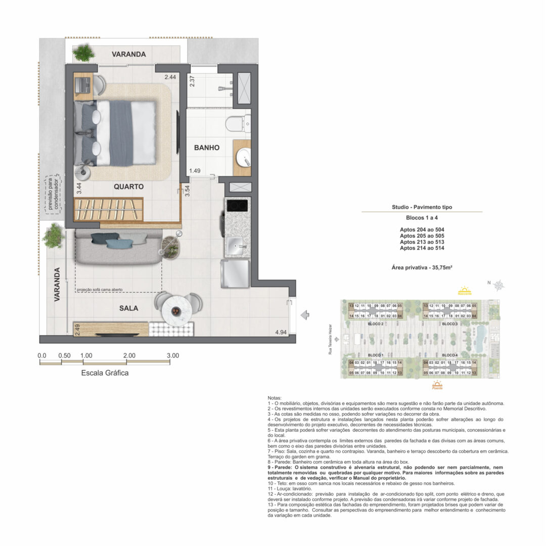 Planta humanizada do studio com 35,75 m² de área privativa no Feel Nature Pontal Oceânico, empreendimento no Recreio dos Bandeirantes, Rio de Janeiro.