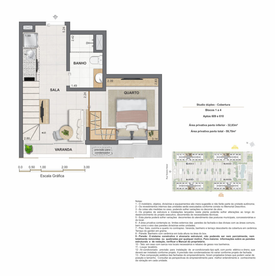 Planta humanizada do pavimento inferior do studio dúplex de 1 quarto com 59,70 m² de área privativa total no Feel Pontal Oceânico, no Recreio dos Bandeirantes, Rio de Janeiro.