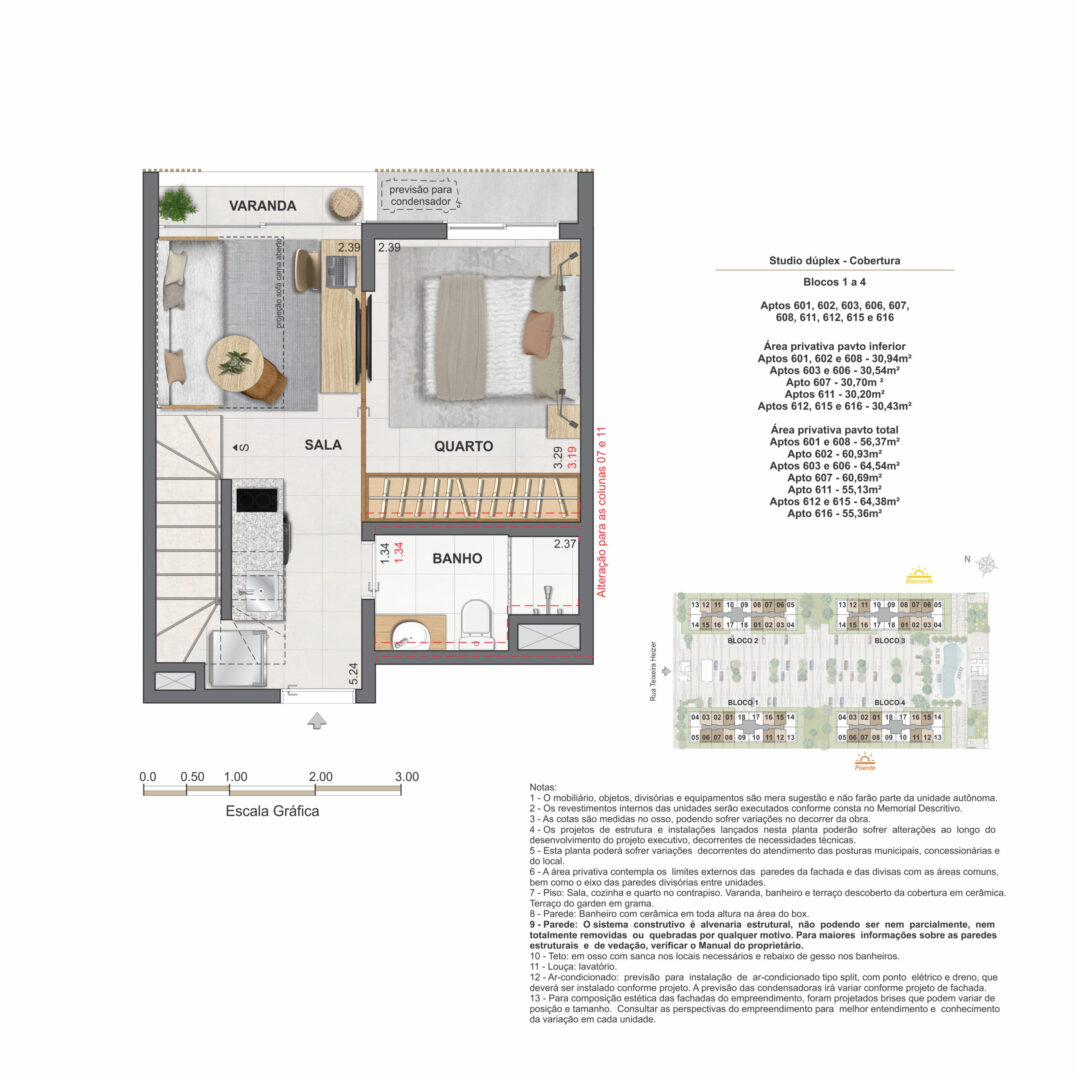 Planta humanizada do pavimento inferior do studio dúplex de 1 quarto com 60,69 m² e 60,93 m² de área privativa total no Feel Pontal Oceânico, no Recreio dos Bandeirantes, Rio de Janeiro.