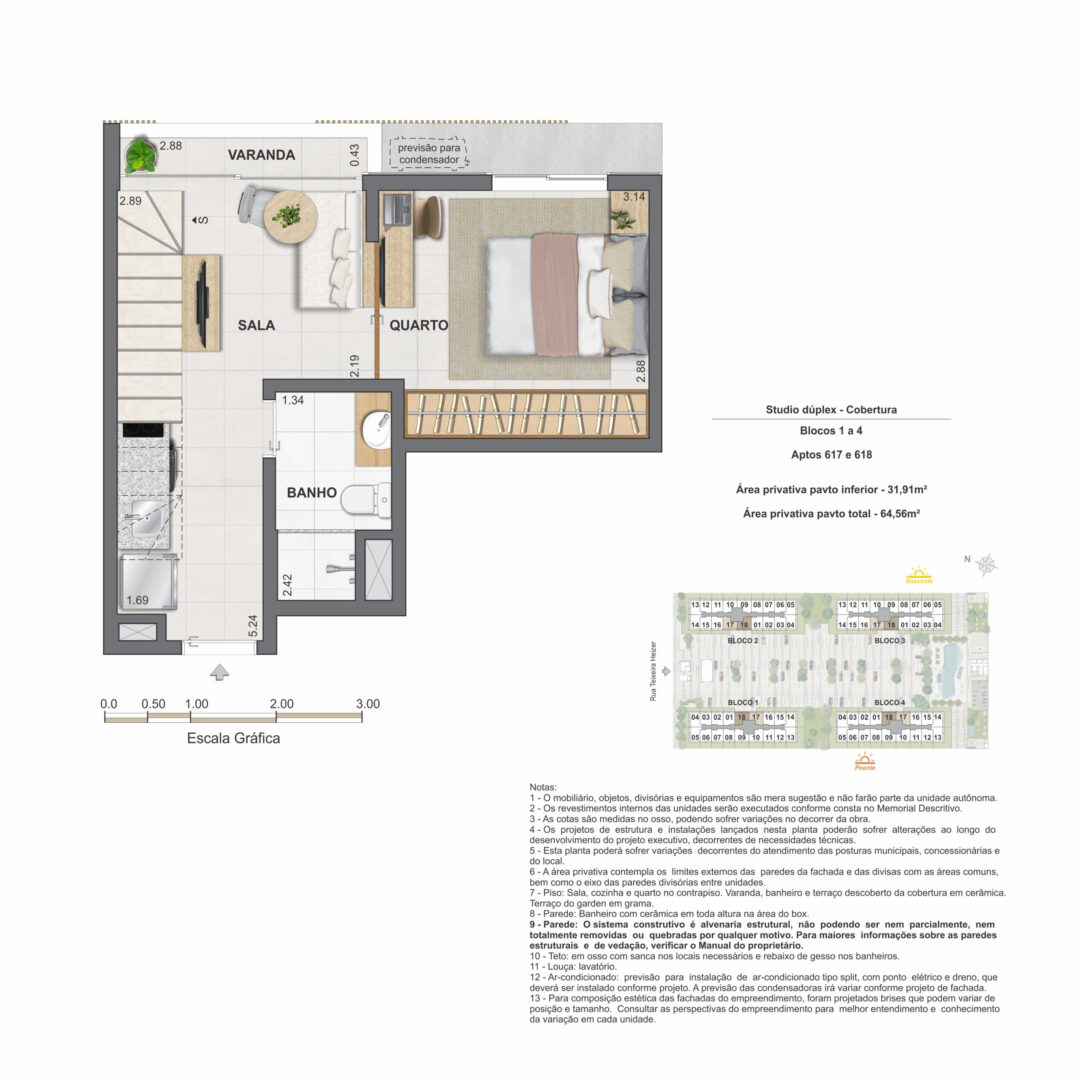 Planta humanizada do pavimento inferior do studio dúplex de 1 quarto com 64,56 m² de área privativa total no Feel Pontal Oceânico, no Recreio dos Bandeirantes, Rio de Janeiro.