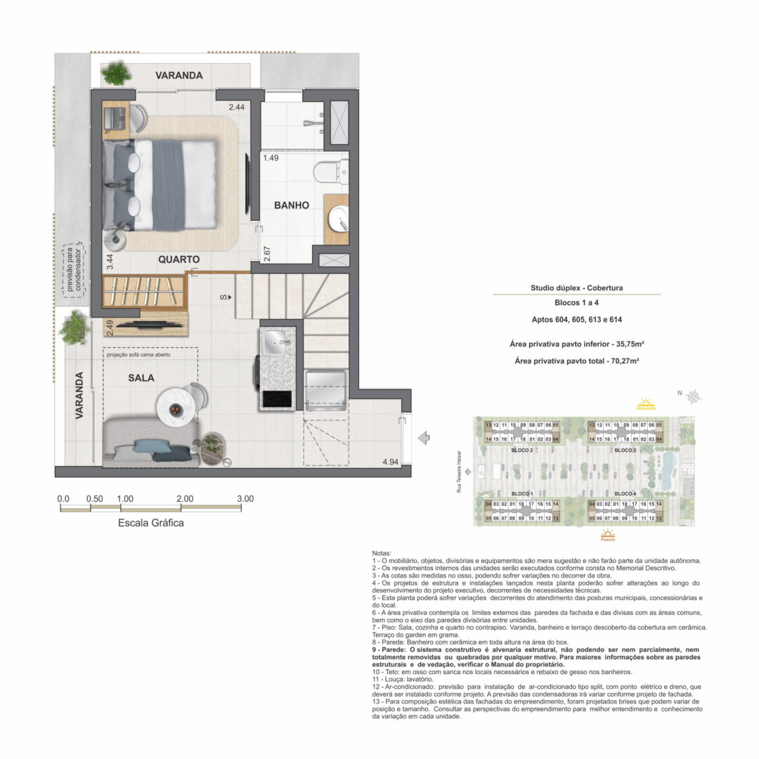 Planta humanizada do pavimento inferior do studio dúplex de 1 quarto com 70,27 m² de área privativa total no Feel Pontal Oceânico, no Recreio dos Bandeirantes, Rio de Janeiro.