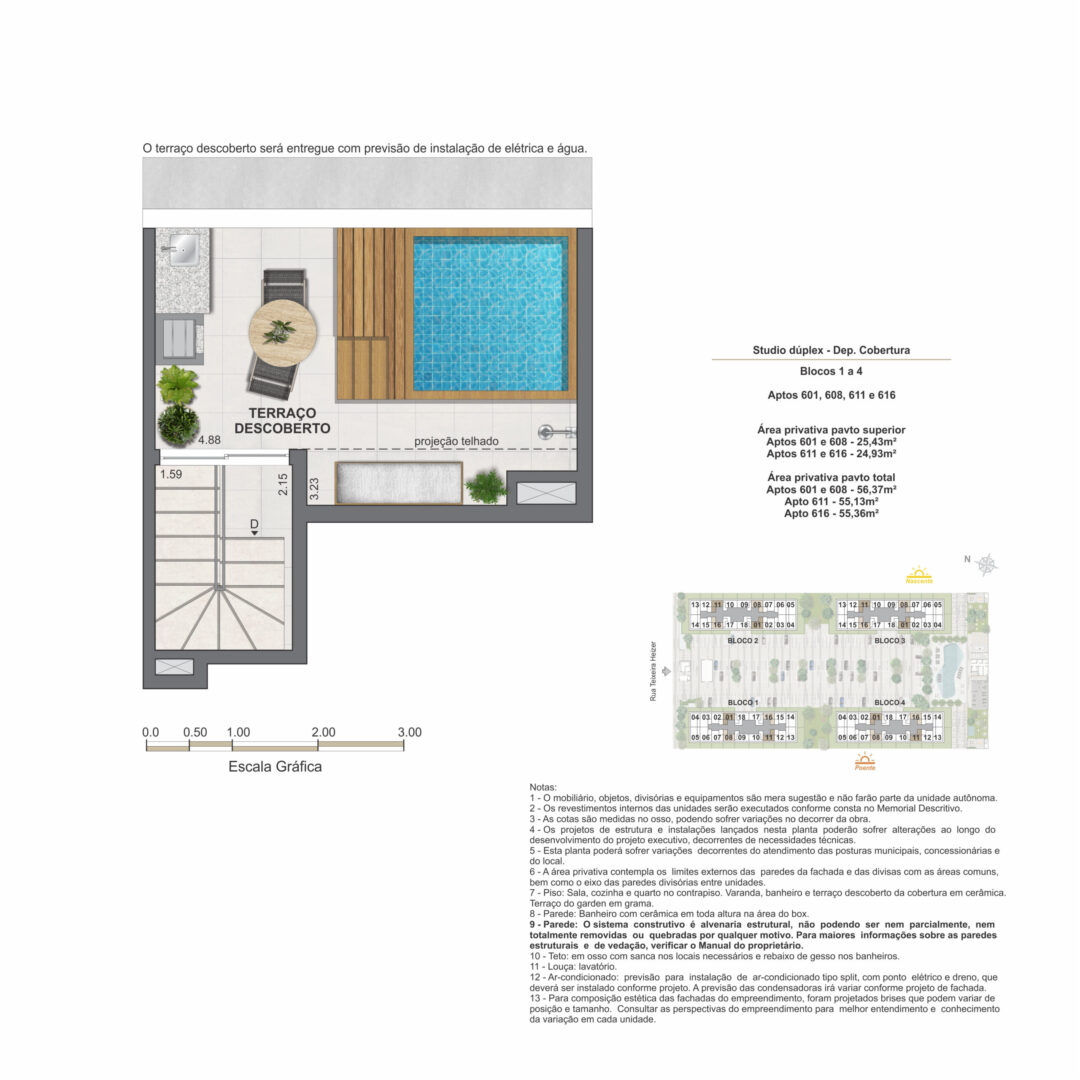 Planta humanizada do pavimento superior do studio dúplex de 1 quarto com 55,13 m², 55,36 m² e 56,37 m² de área privativa total no Feel Pontal Oceânico, no Recreio dos Bandeirantes, Rio de Janeiro.