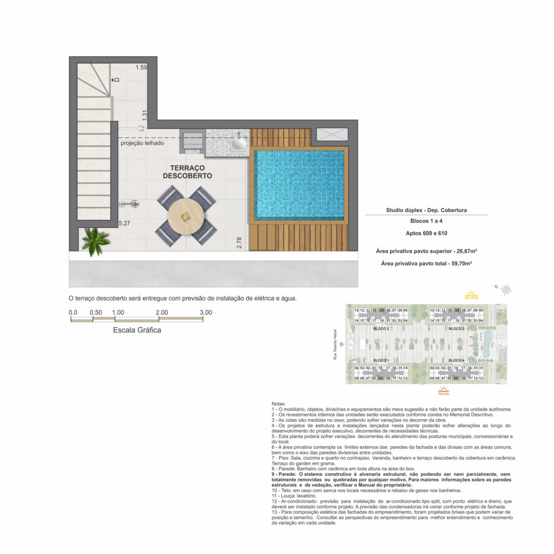 Planta humanizada do pavimento superior do studio dúplex de 1 quarto com 59,70 m² de área privativa total no Feel Pontal Oceânico, no Recreio dos Bandeirantes, Rio de Janeiro.