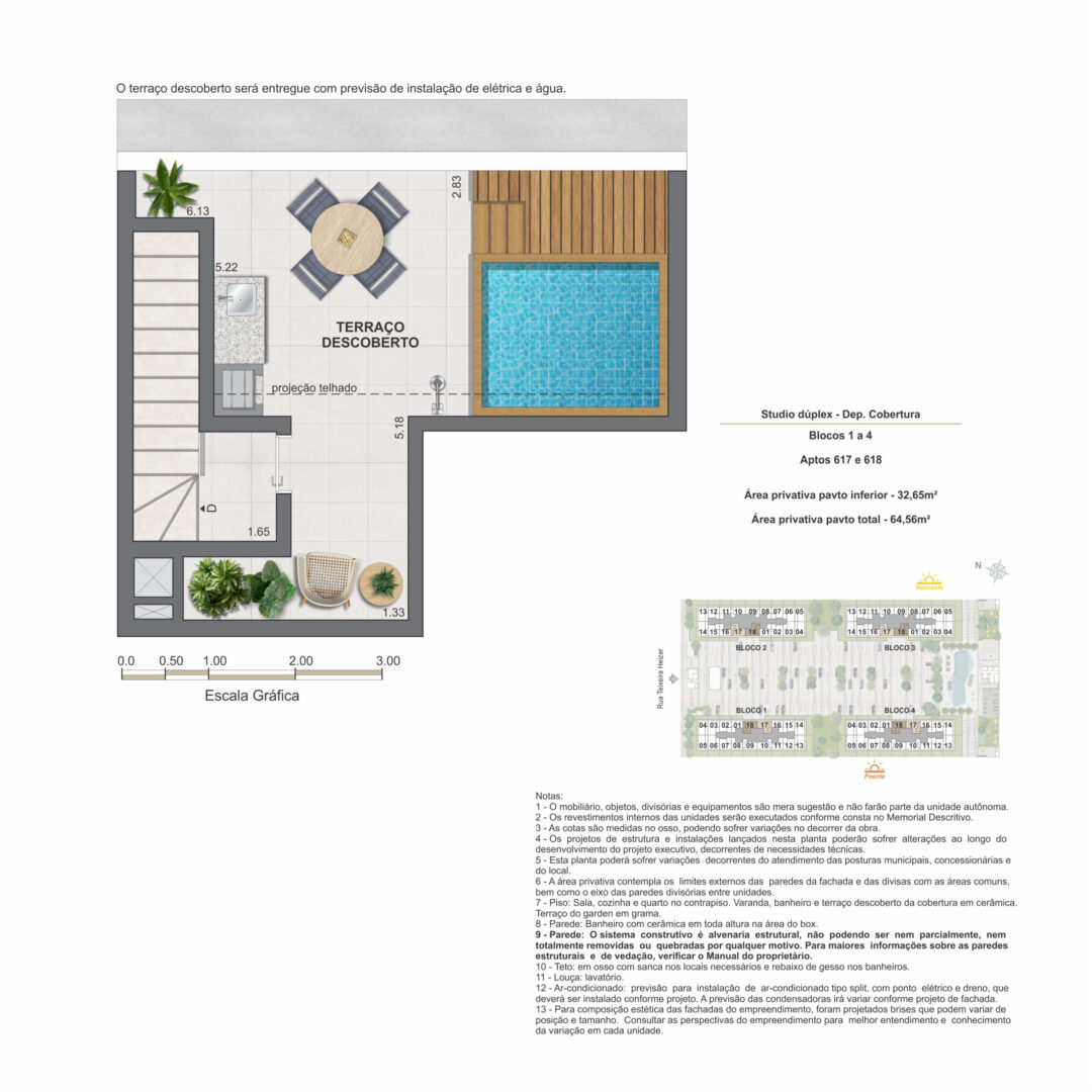Planta humanizada do pavimento superior do studio dúplex de 1 quarto com 64,56 m² de área privativa total no Feel Pontal Oceânico, no Recreio dos Bandeirantes, Rio de Janeiro.