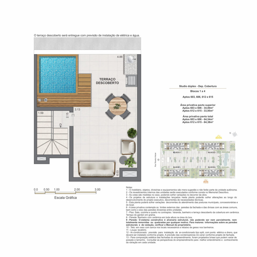 Planta humanizada do pavimento superior do studio dúplex de 1 quarto com 64,38 m² e 64,54 m² de área privativa total no Feel Pontal Oceânico, no Recreio dos Bandeirantes, Rio de Janeiro.