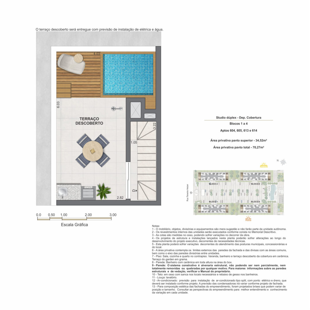 Planta humanizada do pavimento superior do studio dúplex de 1 quarto com 70,27 m² de área privativa total no Feel Pontal Oceânico, no Recreio dos Bandeirantes, Rio de Janeiro.